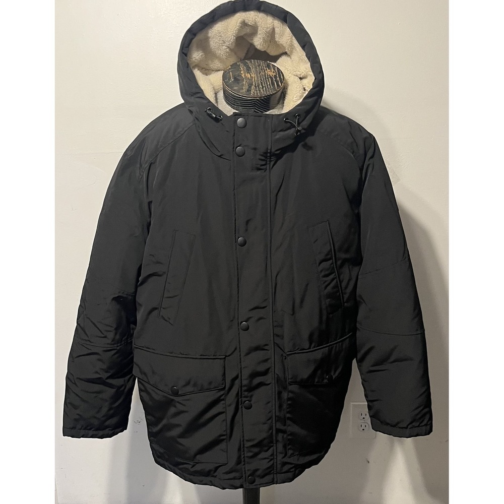Lucky Brand Coat Mens XL Black Hooded Insulated‎ Winter Parka Faux Fur Lined